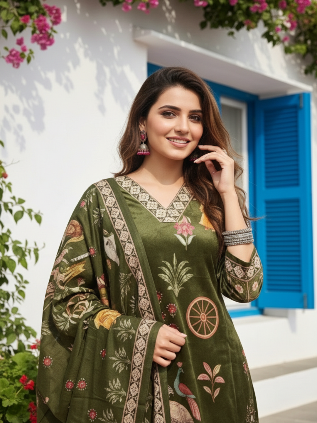 Miniature Painting Printed Kurta with Pant and Dupatta - Green