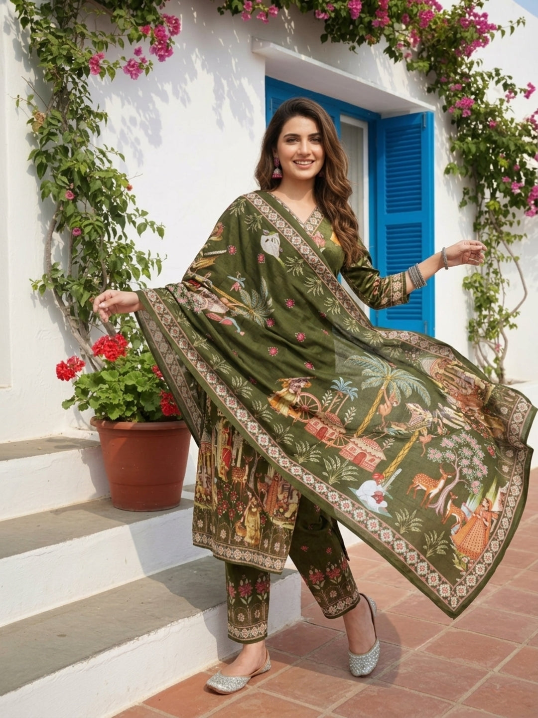 Miniature Painting Printed Kurta with Pant and Dupatta - Green