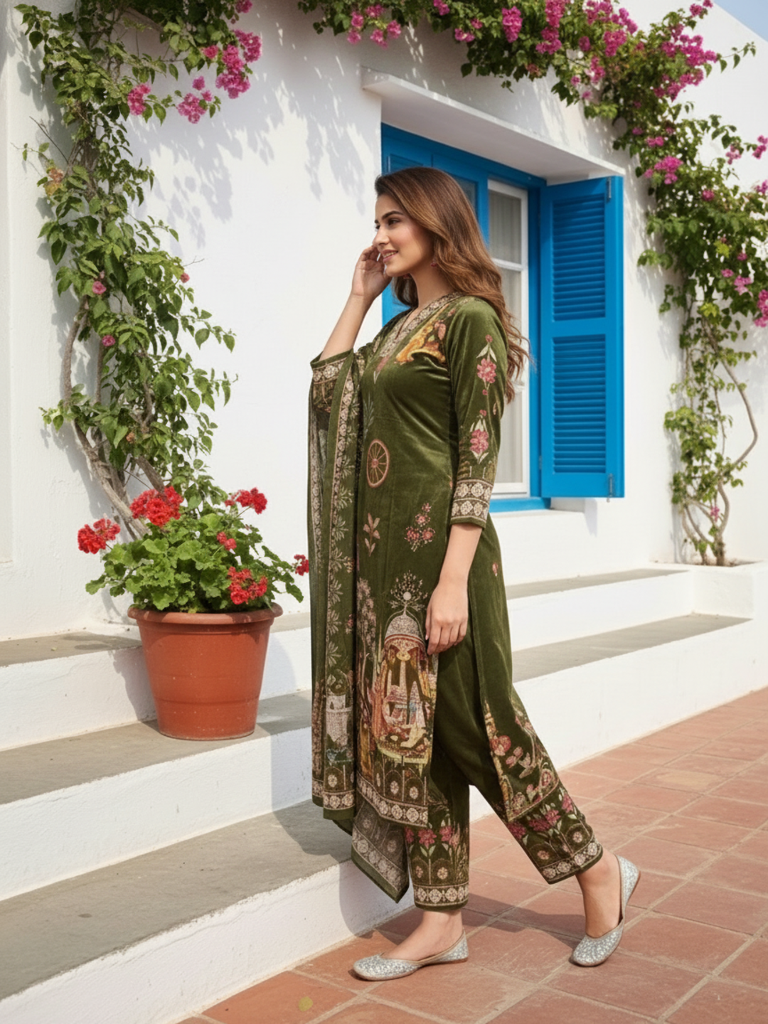 Miniature Painting Printed Kurta with Pant and Dupatta - Green