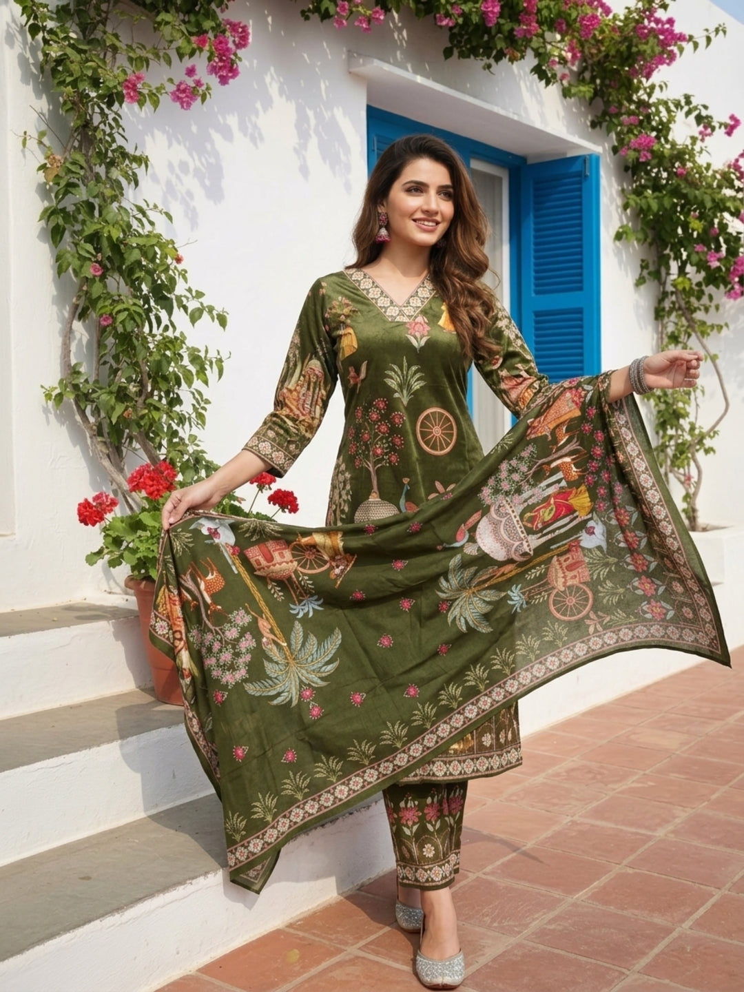 Miniature Painting Printed Kurta with Pant and Dupatta - Green