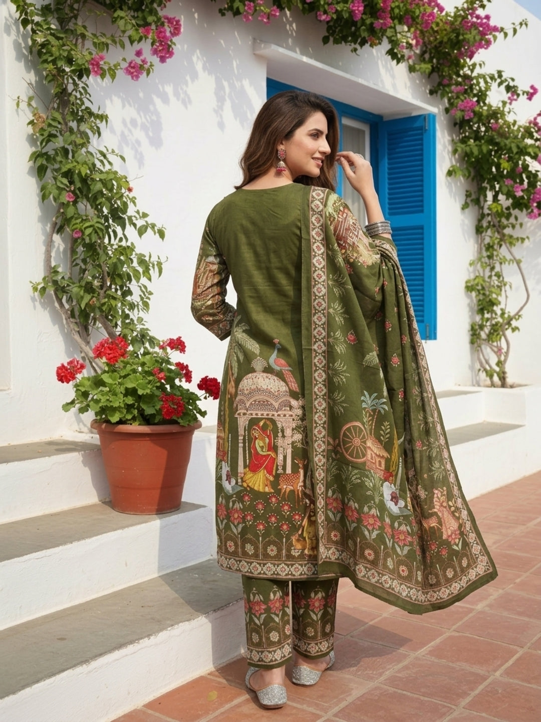 Miniature Painting Printed Kurta with Pant and Dupatta - Green