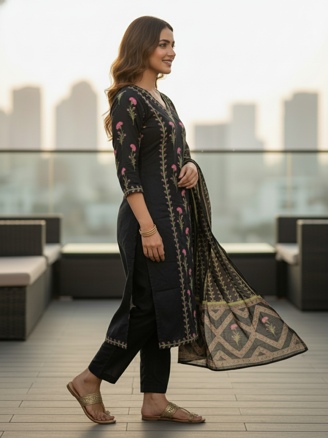Floral Printed Anarkali with Pant & Dupatta - Black