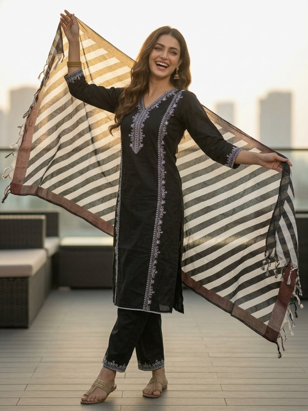 Solid Floral Embroidered Straight Kurta with Palazzo & Dupatta - Black