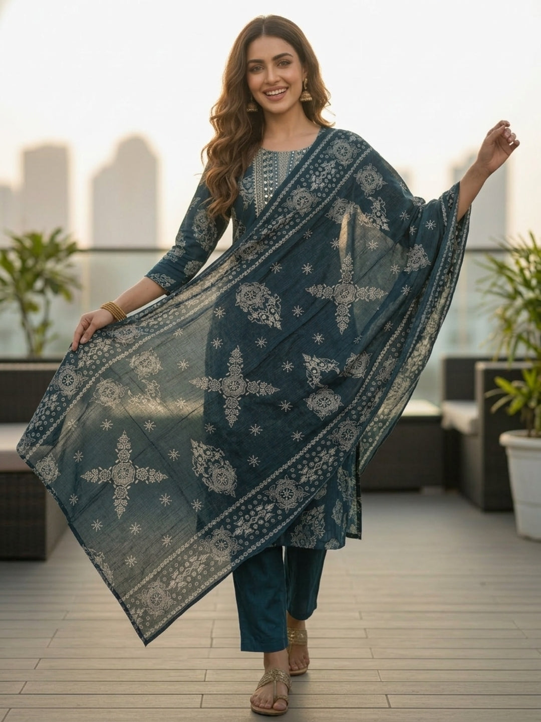 Floral Foil Printed Embroidered Straight Kurta with Pant & Dupatta - Teal