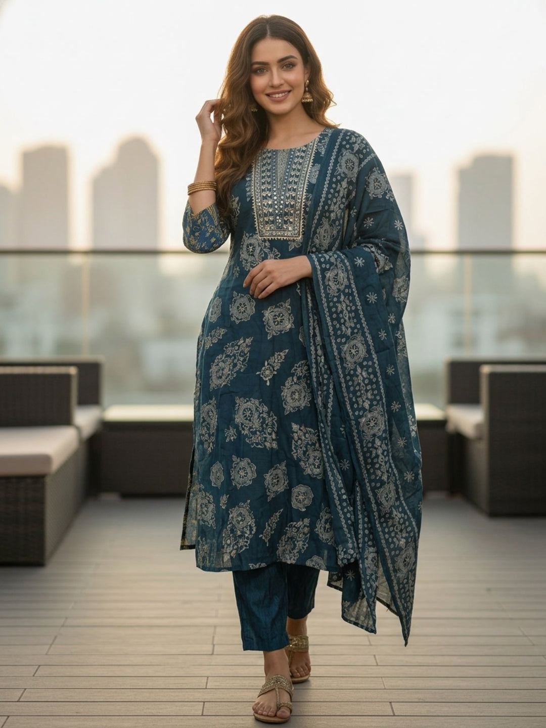 Floral Foil Printed Embroidered Straight Kurta with Pant & Dupatta - Teal