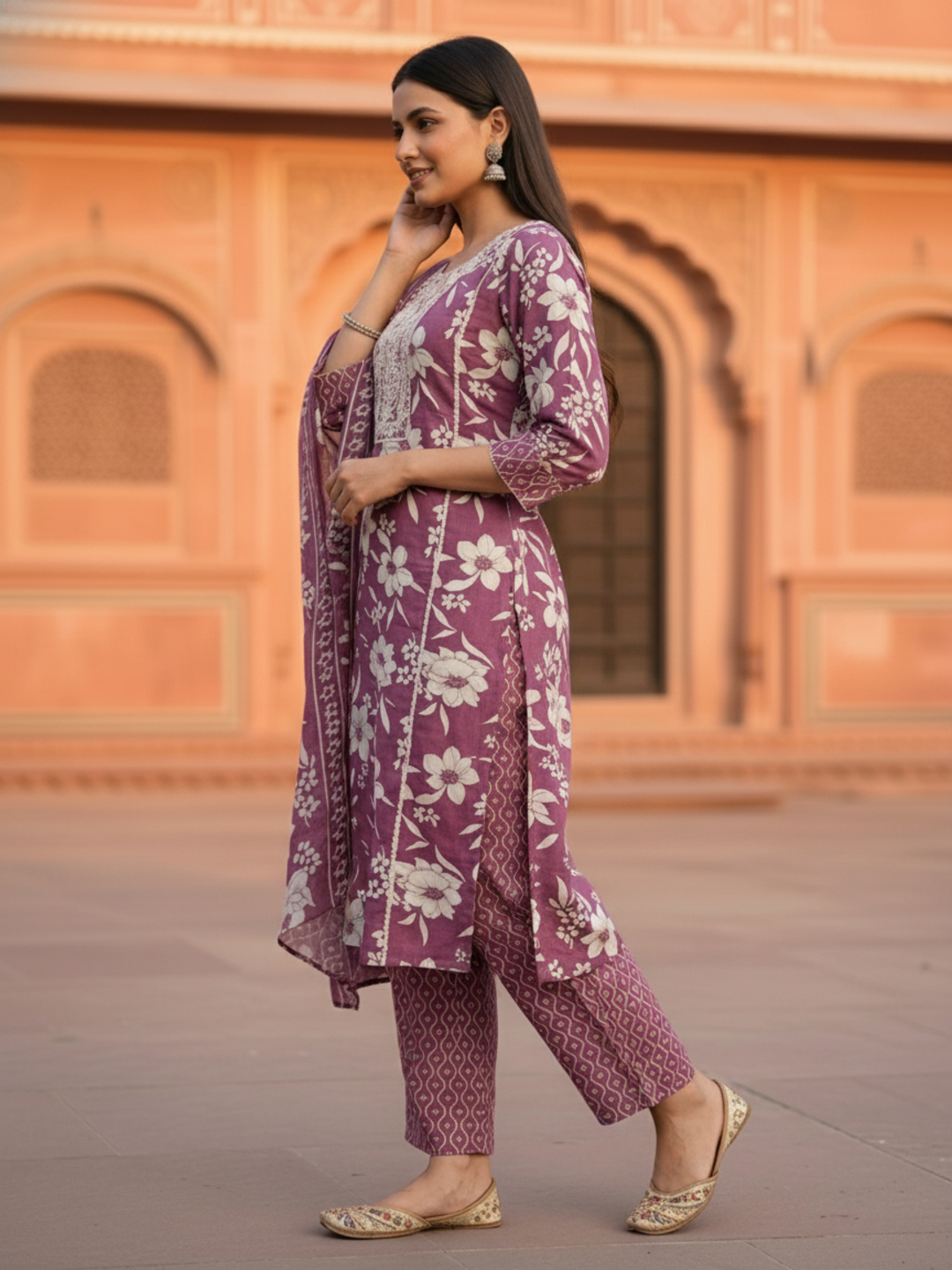 Ethnic Floral Printed Embroidered Straight Kurta with Pant & Dupatta - Purple