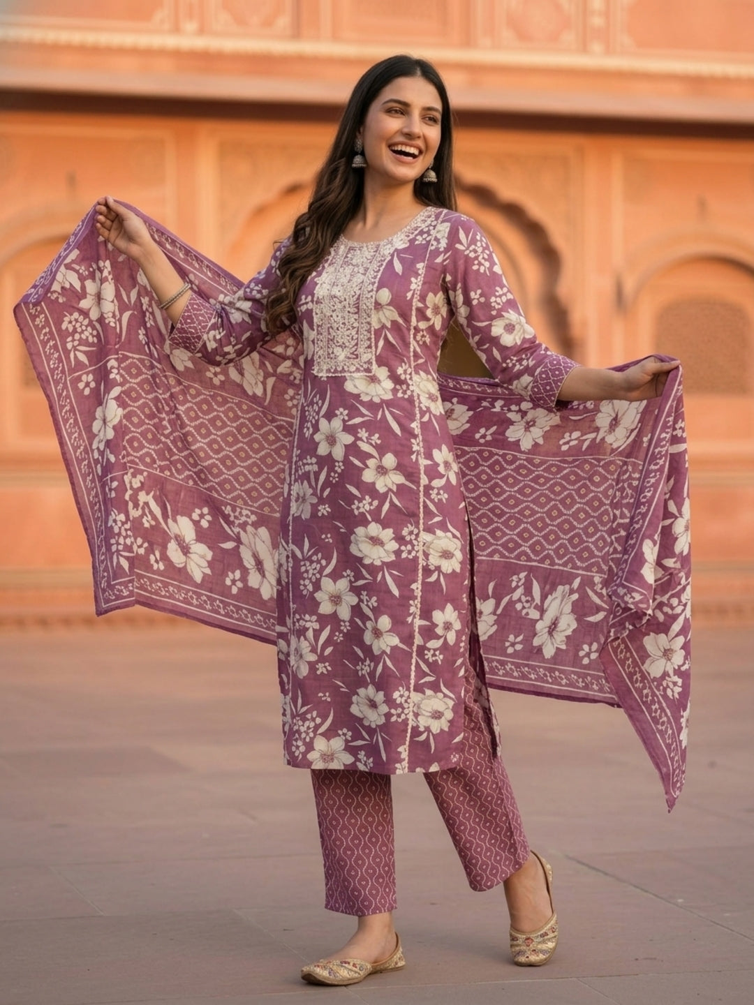 Ethnic Floral Printed Embroidered Straight Kurta with Pant & Dupatta - Purple