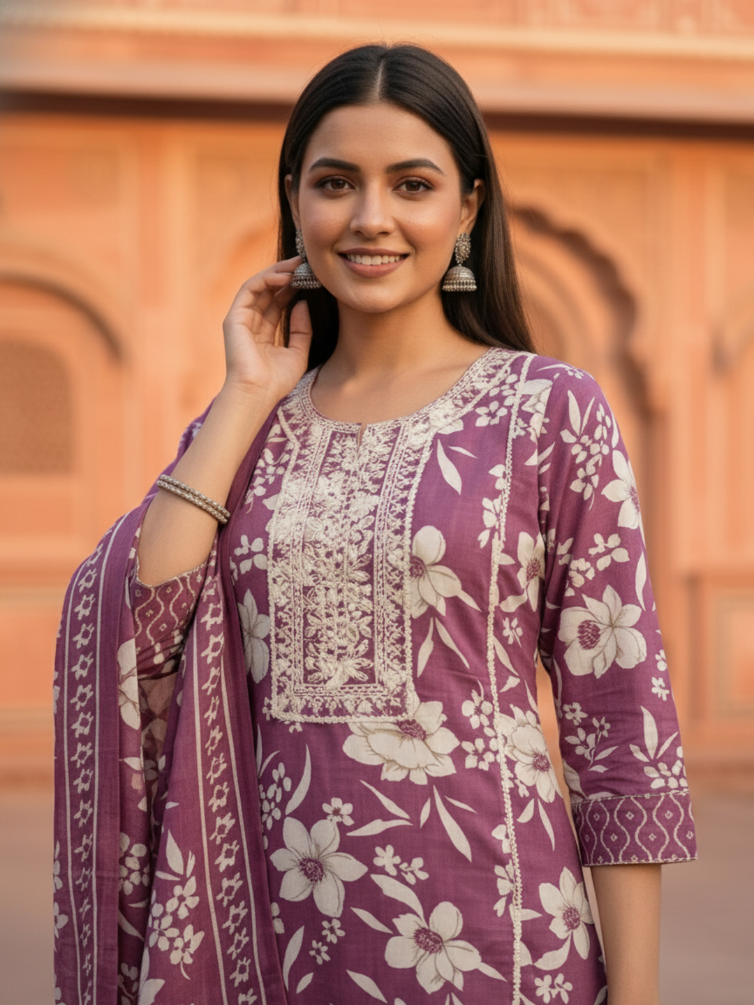 Ethnic Floral Printed Embroidered Straight Kurta with Pant & Dupatta - Purple