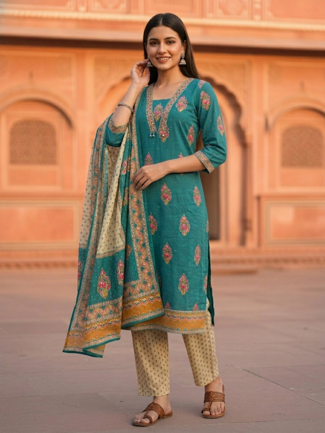 Floral Printed Embroidered Straight Kurta with Pant & Dupatta - Turquoise Blue