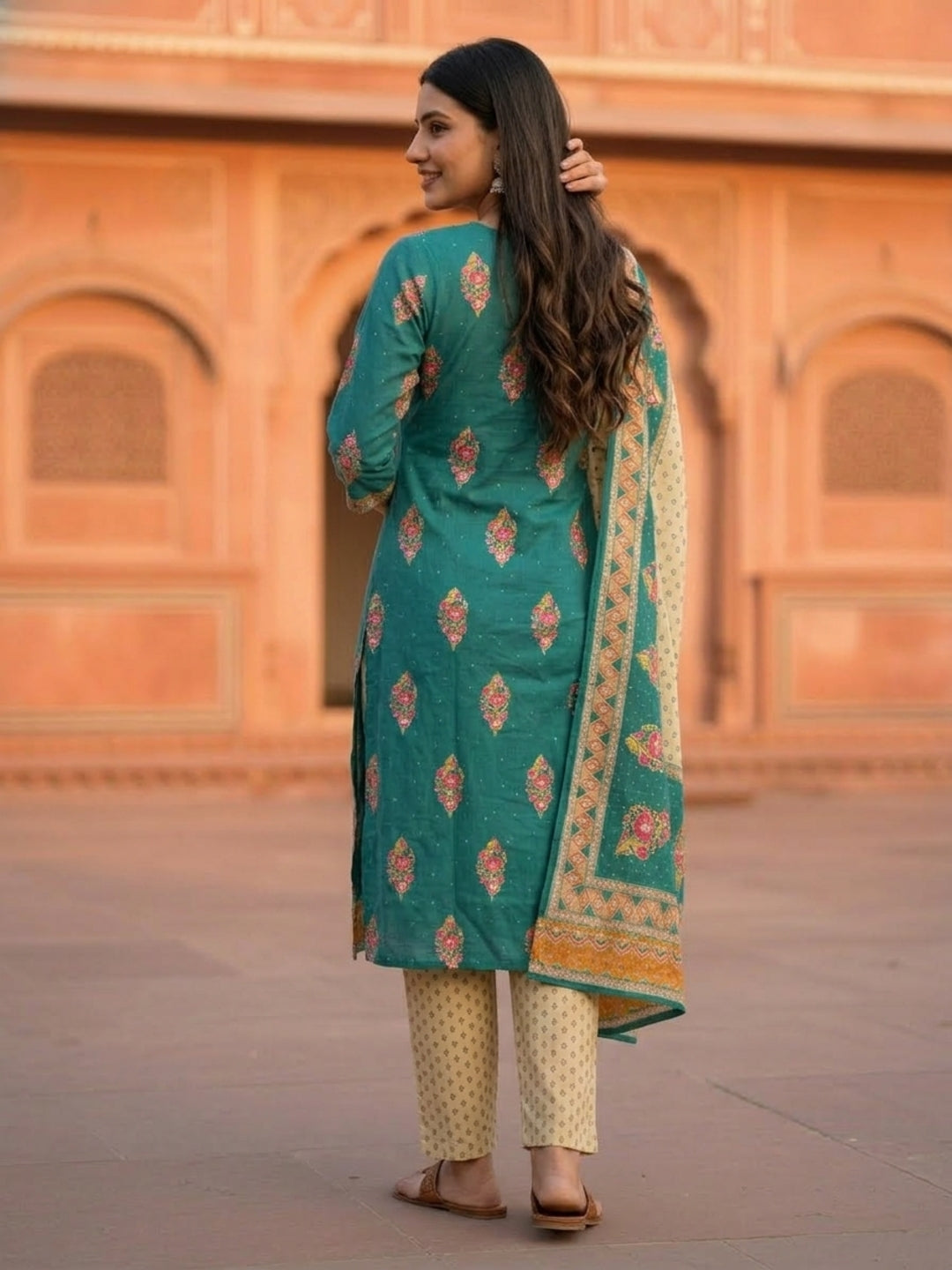 Floral Printed Embroidered Straight Kurta with Pant & Dupatta - Turquoise Blue