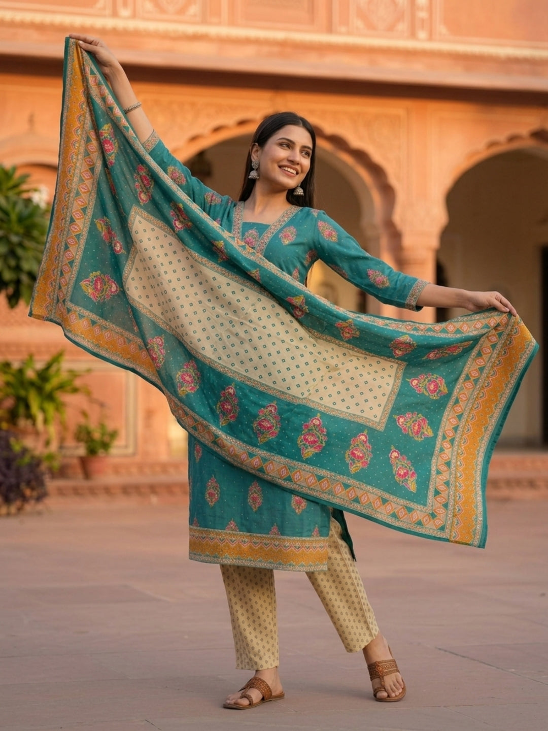 Floral Printed Embroidered Straight Kurta with Pant & Dupatta - Turquoise Blue