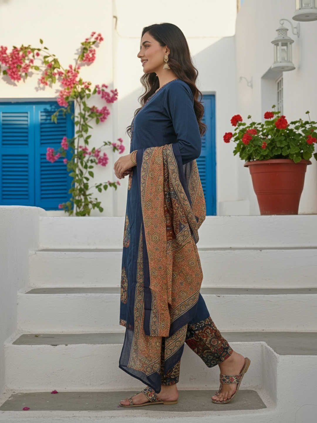 Printed Straight Kurta Set with Pant & Dupatta - Navy Blue