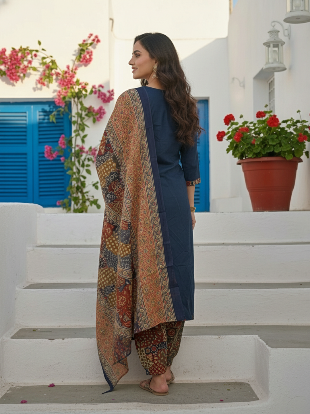 Printed Straight Kurta Set with Pant & Dupatta - Navy Blue