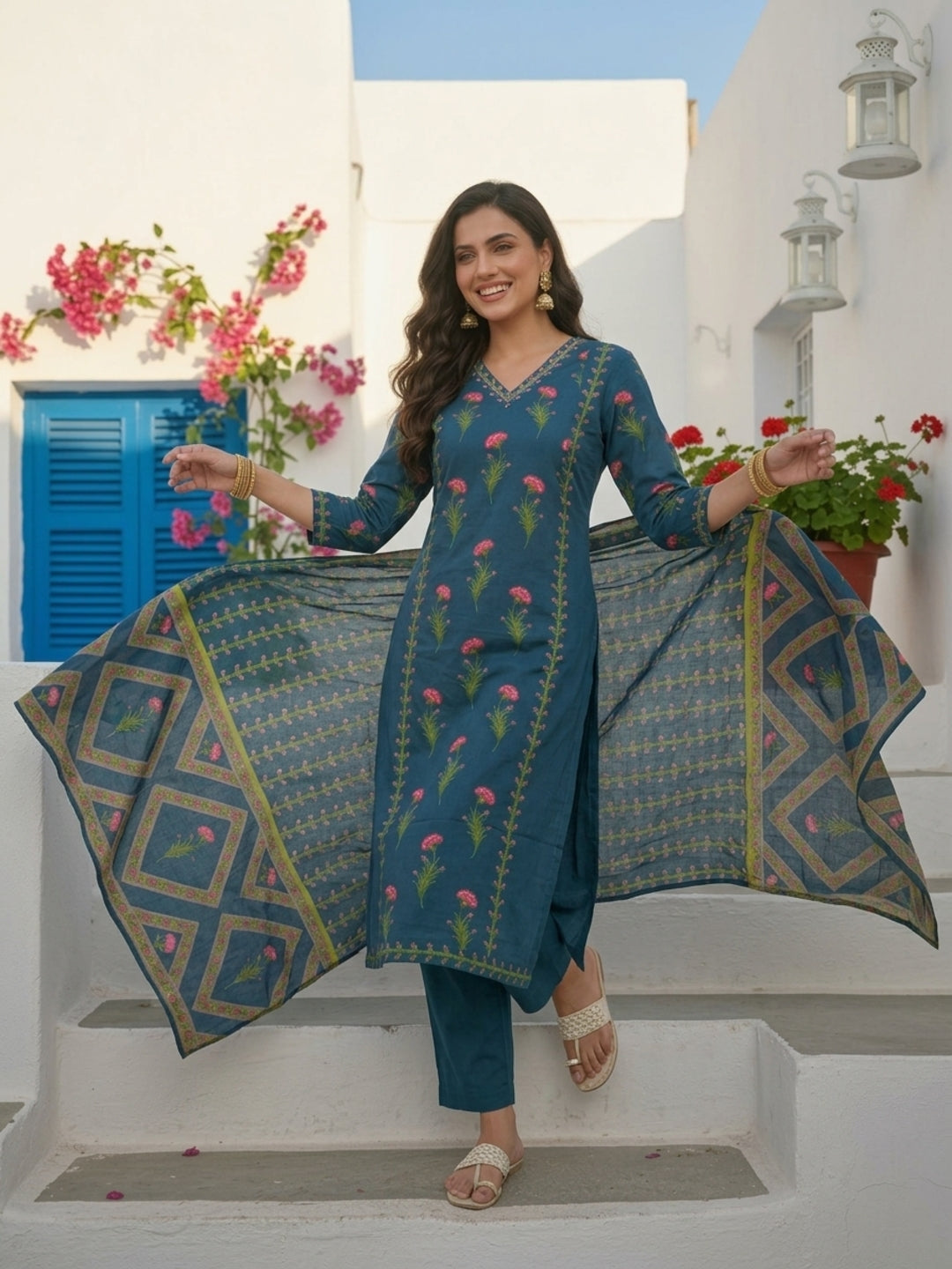 Floral Printed Anarkali with Pant & Dupatta - Blue