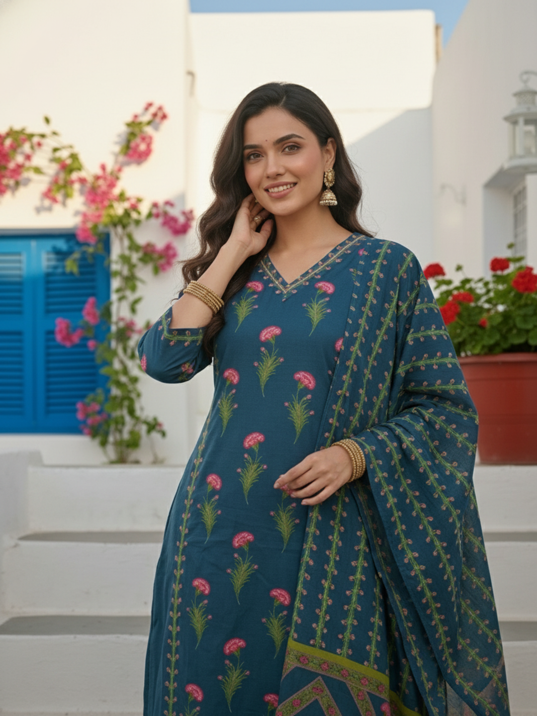 Floral Printed Anarkali with Pant & Dupatta - Blue