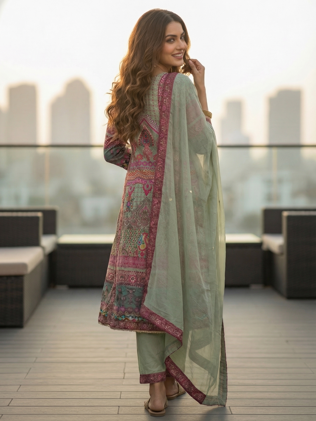 Ethnic Embroidered A-Line Kurta with Palazzo & Dupatta - Mint Green