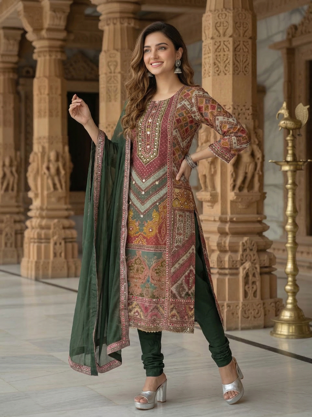 Ethnic Embroidered A-Line Kurta with Palazzo & Dupatta - Green