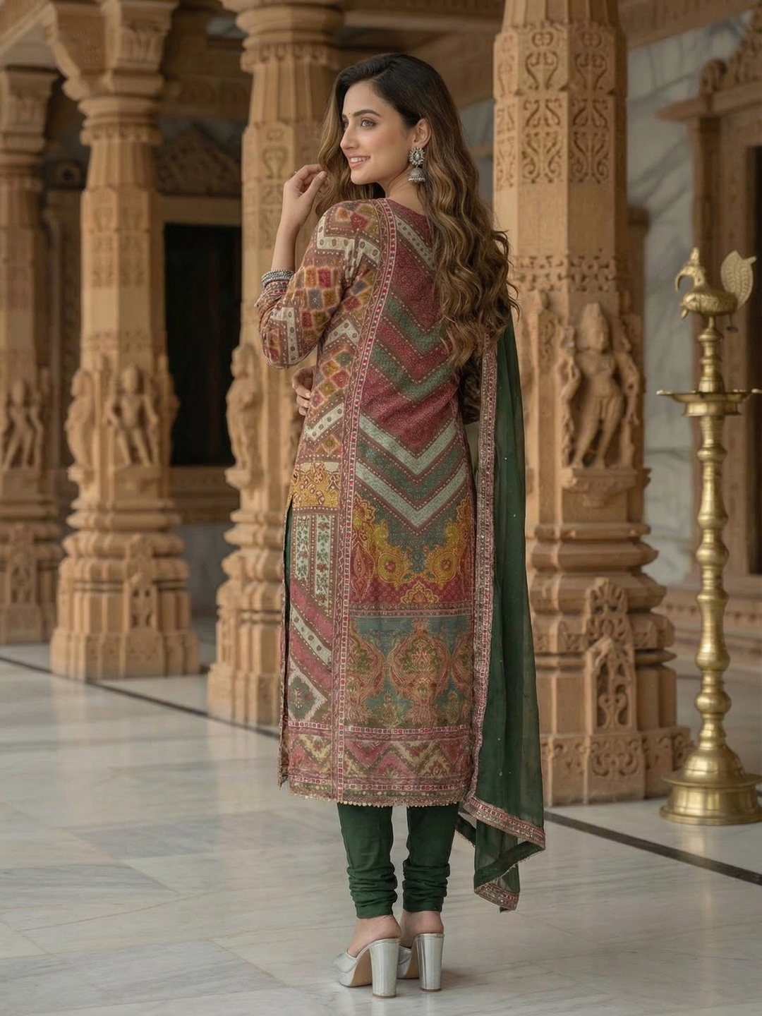 Ethnic Embroidered A-Line Kurta with Palazzo & Dupatta - Green