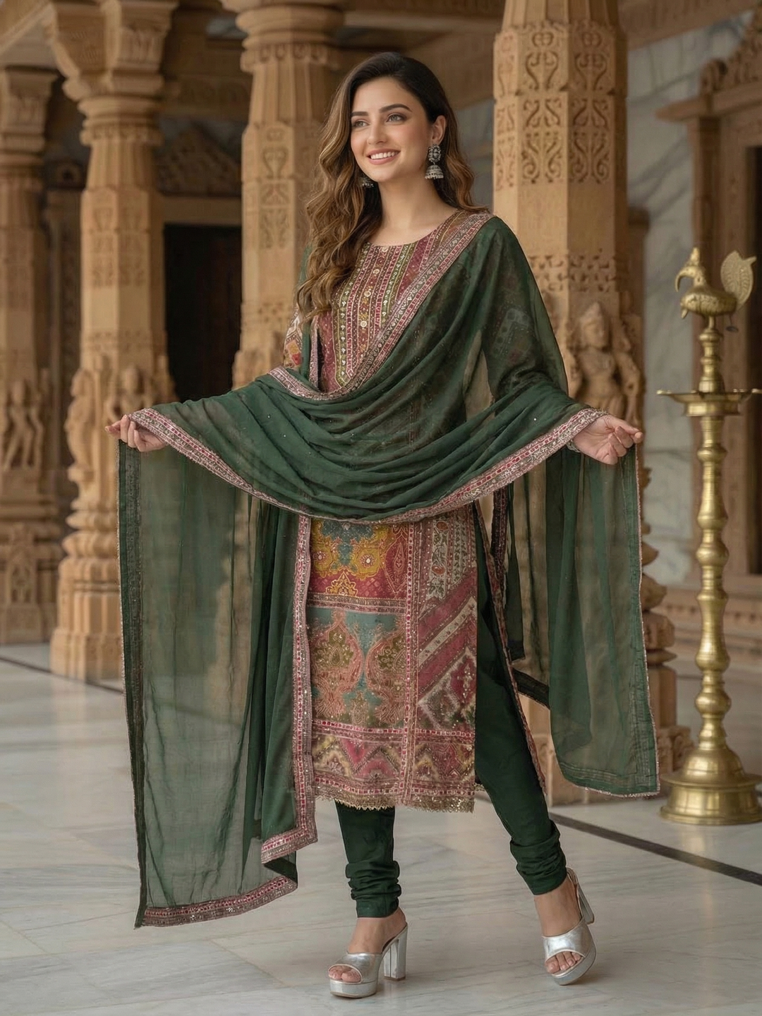 Ethnic Embroidered A-Line Kurta with Palazzo & Dupatta - Green