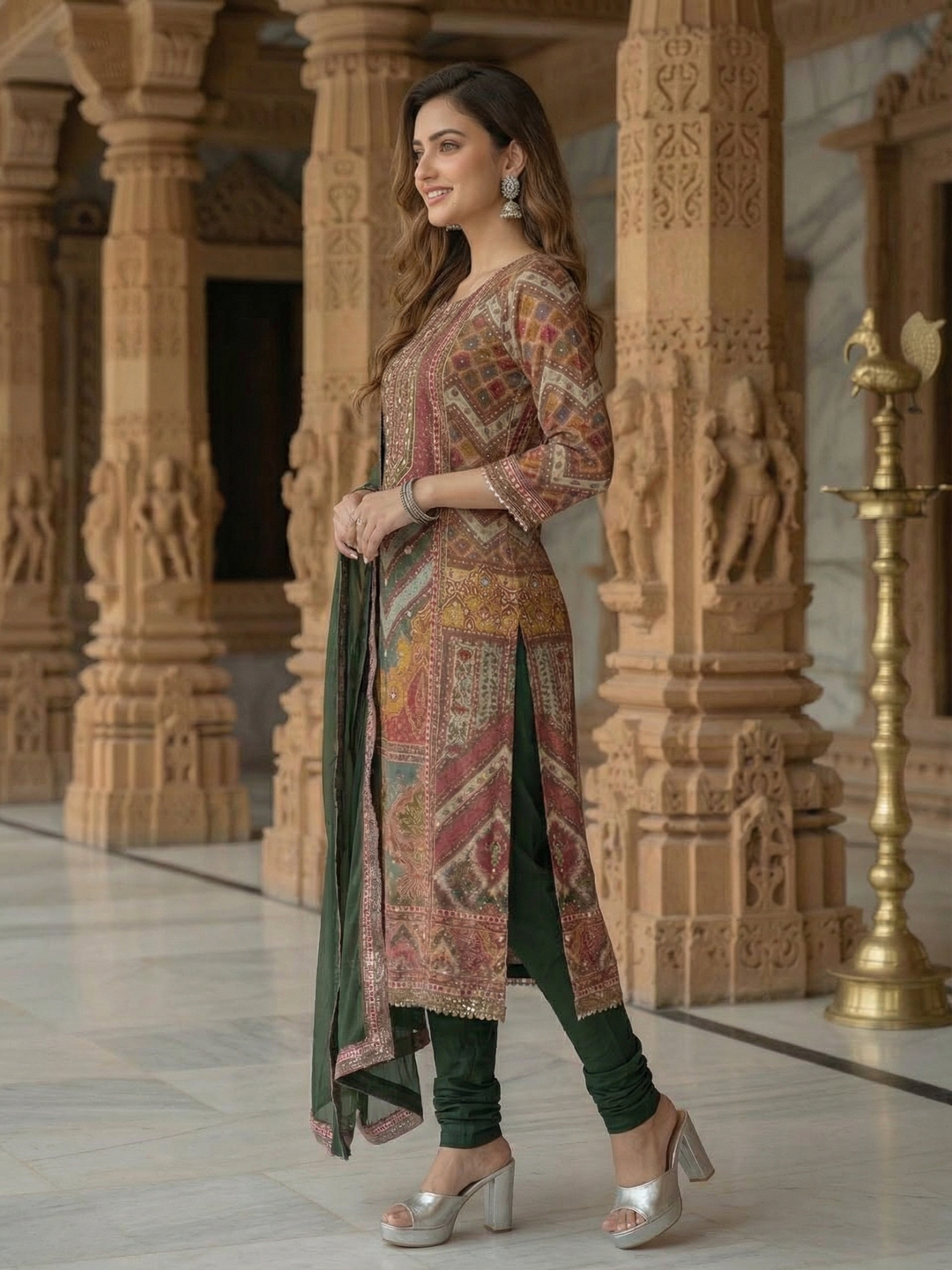 Ethnic Embroidered A-Line Kurta with Palazzo & Dupatta - Green