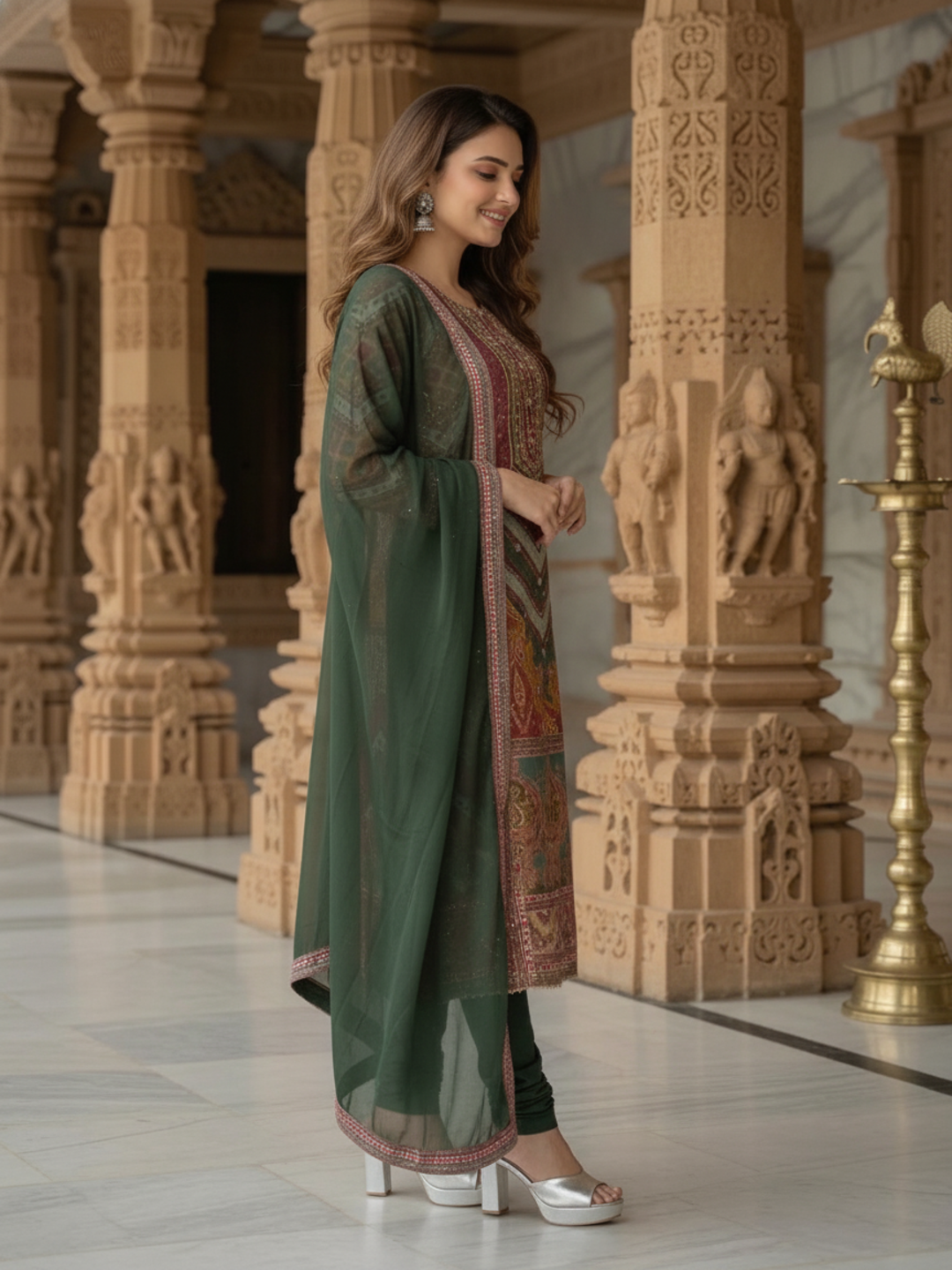 Ethnic Embroidered A-Line Kurta with Palazzo & Dupatta - Green