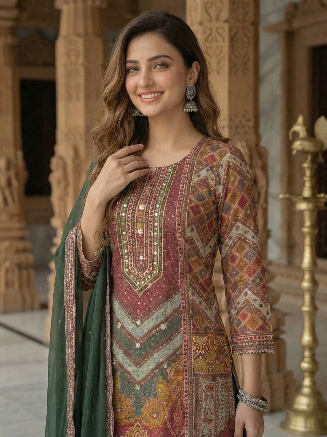 Ethnic Embroidered A-Line Kurta with Palazzo & Dupatta - Green