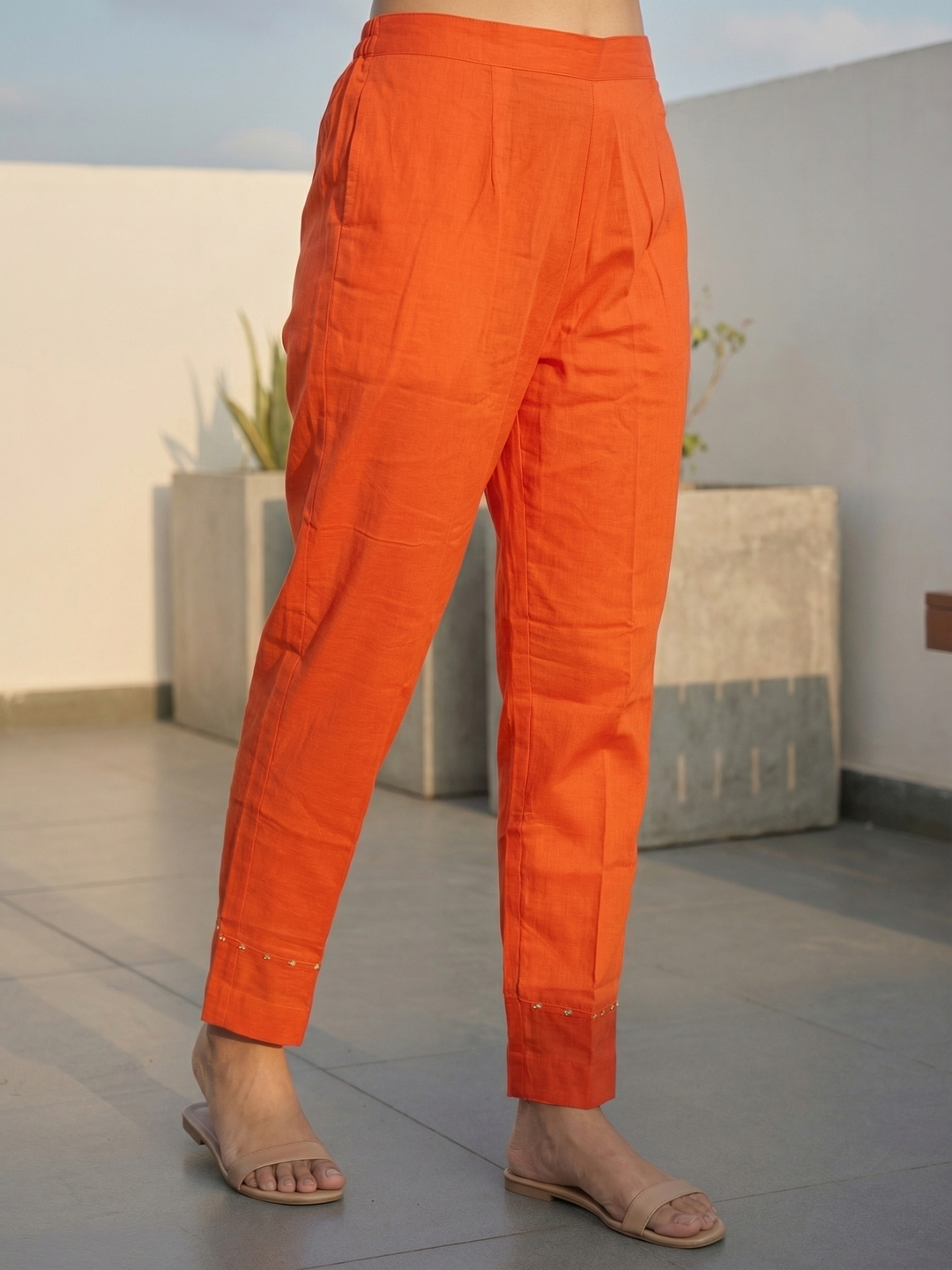 Solid Gota Patti Embroidered Kota Doria Straight Kurta with Pant & Dupatta - Orange