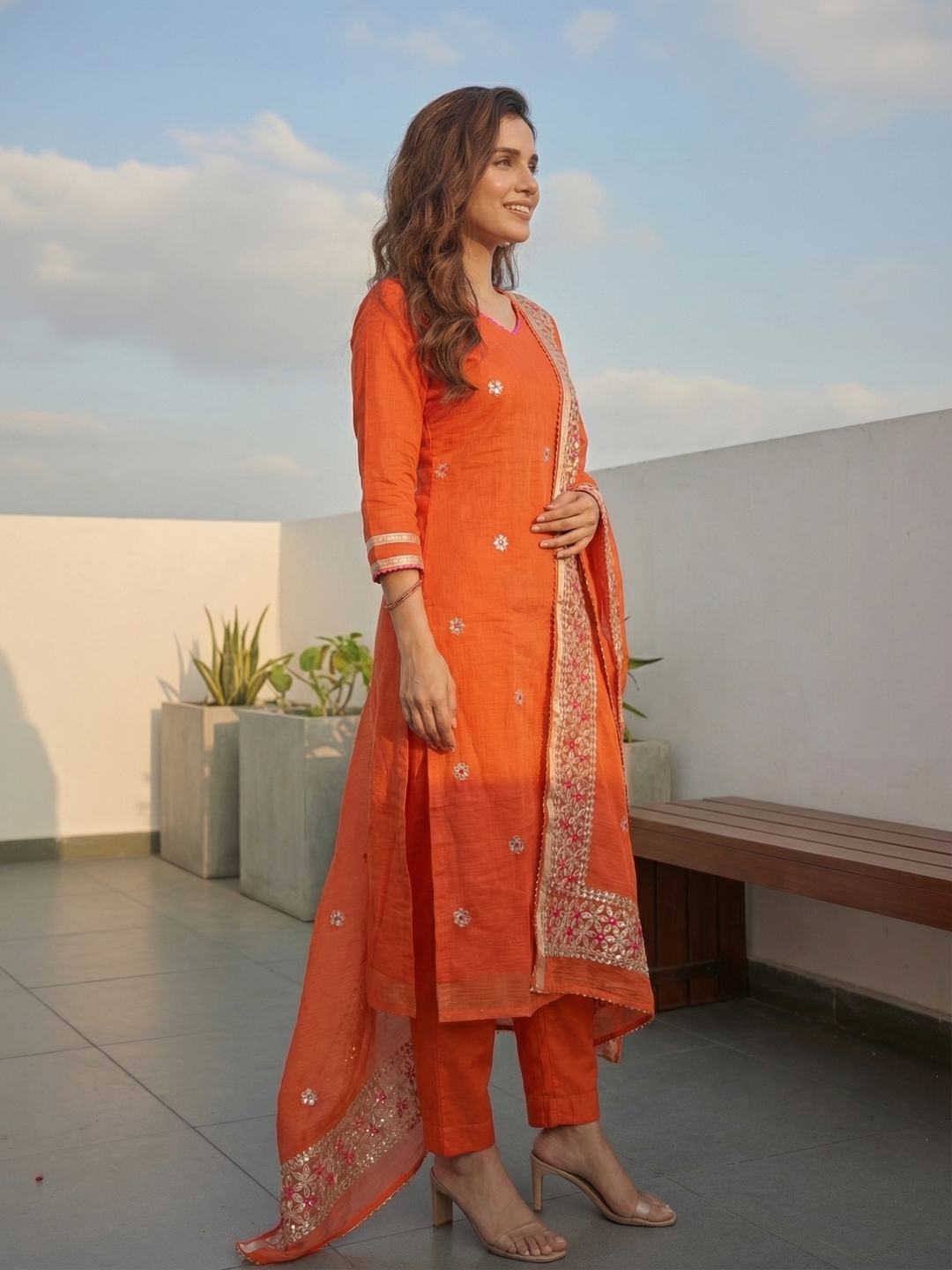 Solid Gota Patti Embroidered Kota Doria Straight Kurta with Pant & Dupatta - Orange