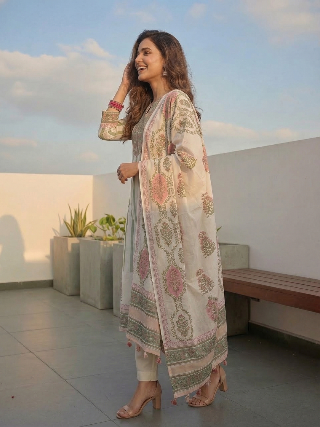 Ethnic Block Printed Straight Fit Kurta with Pant & Dupatta - Multi