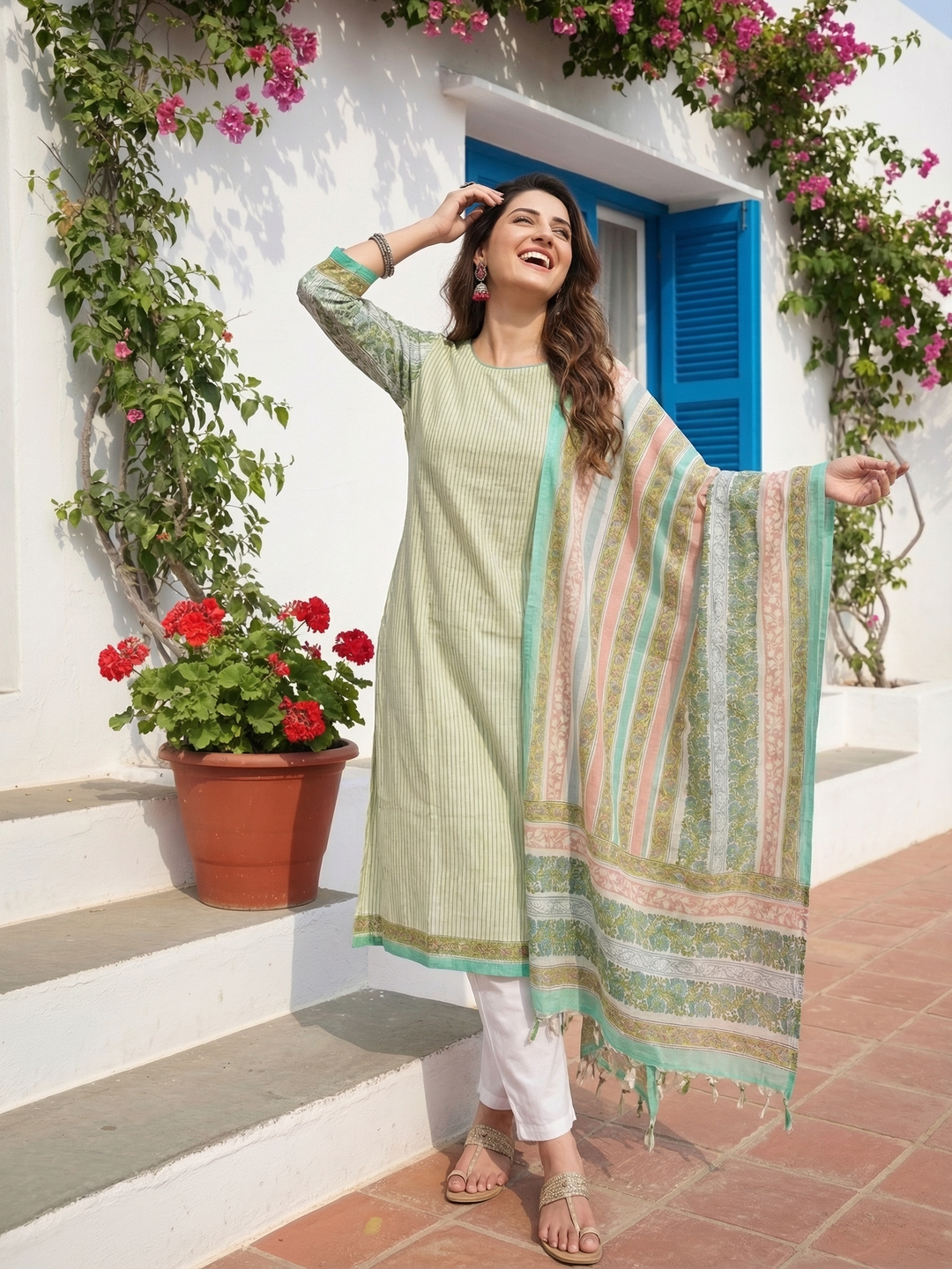 Ethnic Printed Straight Fit Chanderi Kurta with Pant & Dupatta - Cream