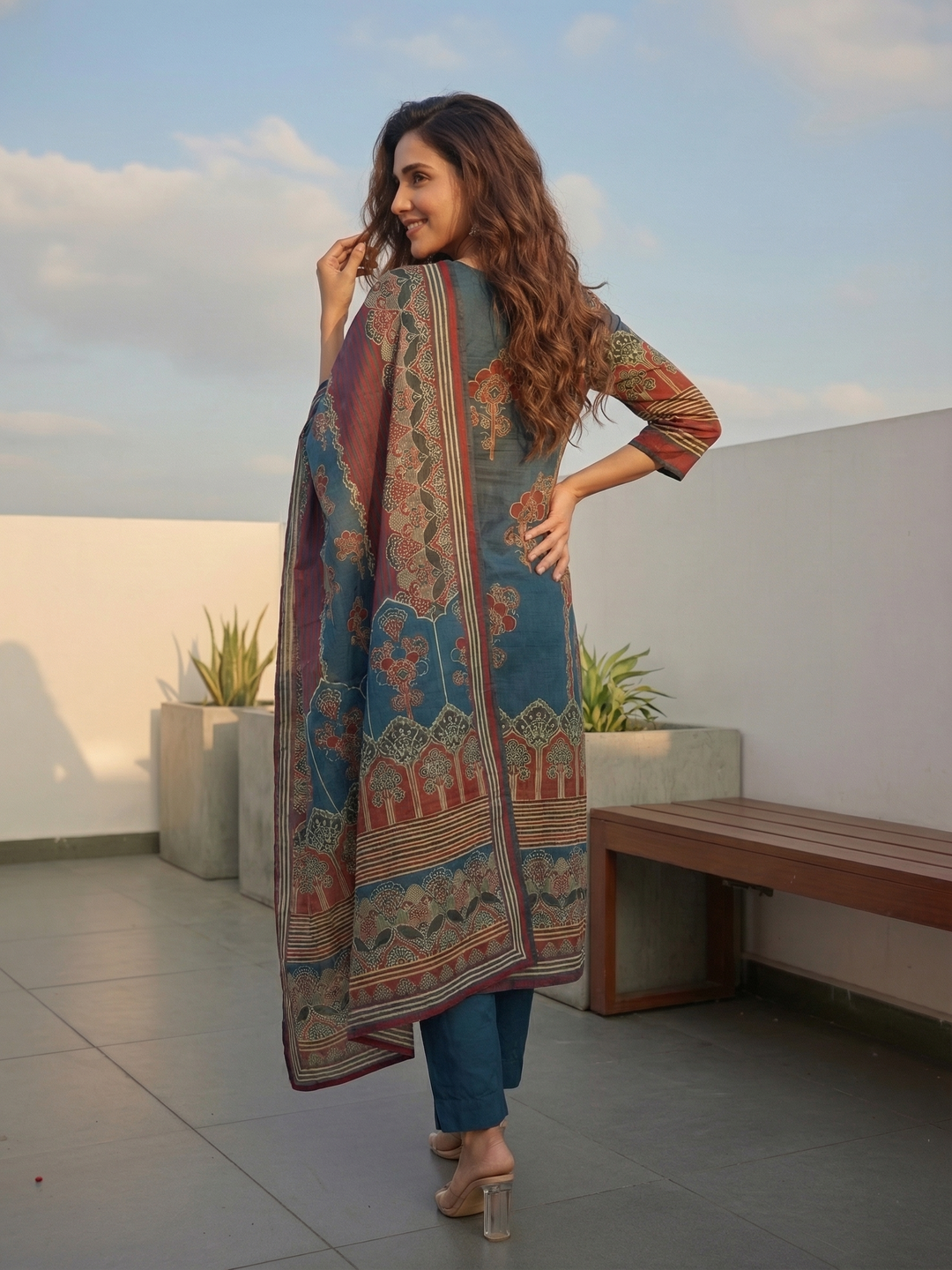 Floral Printed Embellished Straight Kurta with Pant & Dupatta - Blue