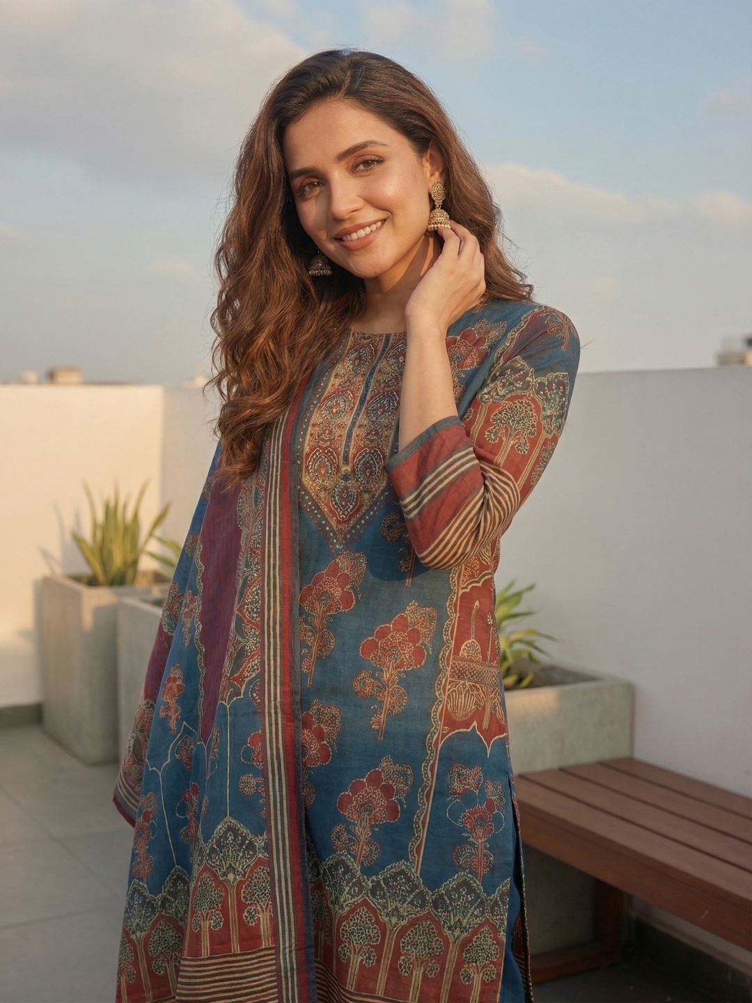 Floral Printed Embellished Straight Kurta with Pant & Dupatta - Blue