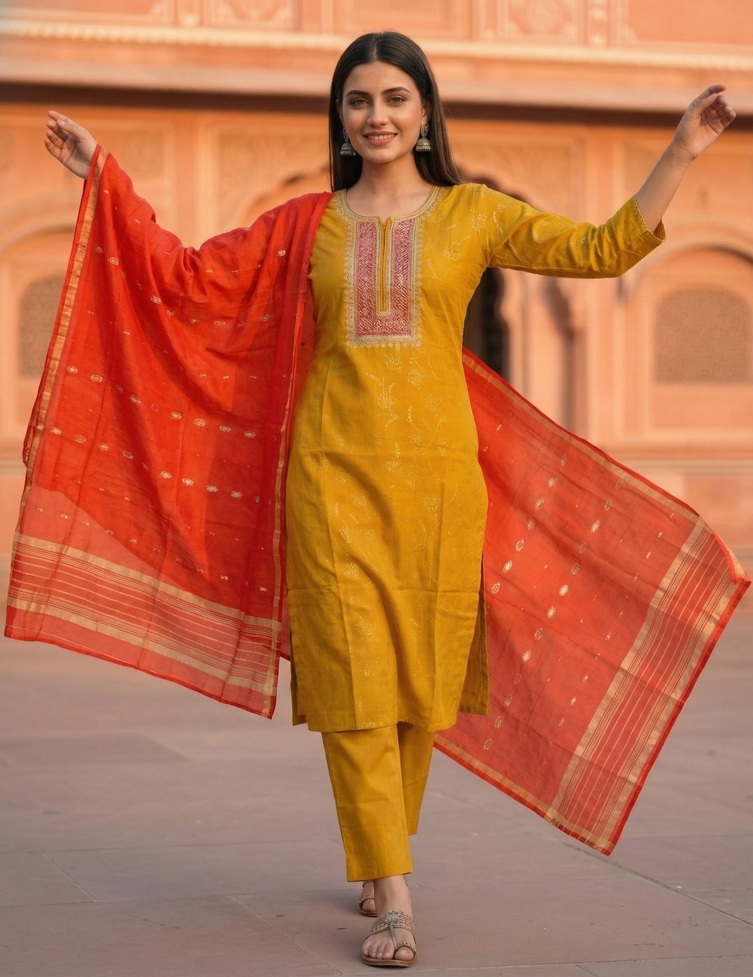 Solid Embroidered Straight Kurta with Pant & Contrast Dupatta - Mustard