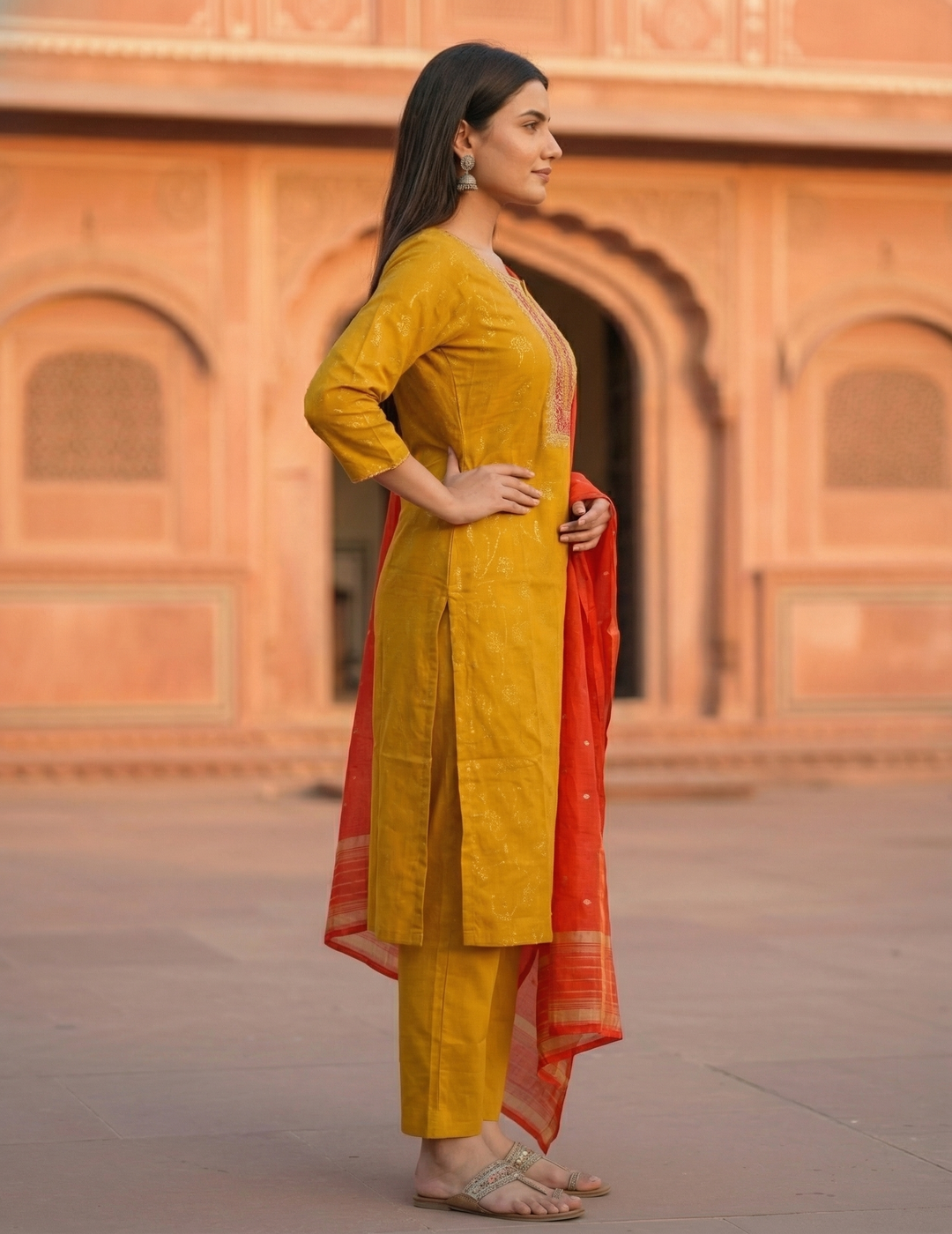 Solid Embroidered Straight Kurta with Pant & Contrast Dupatta - Mustard