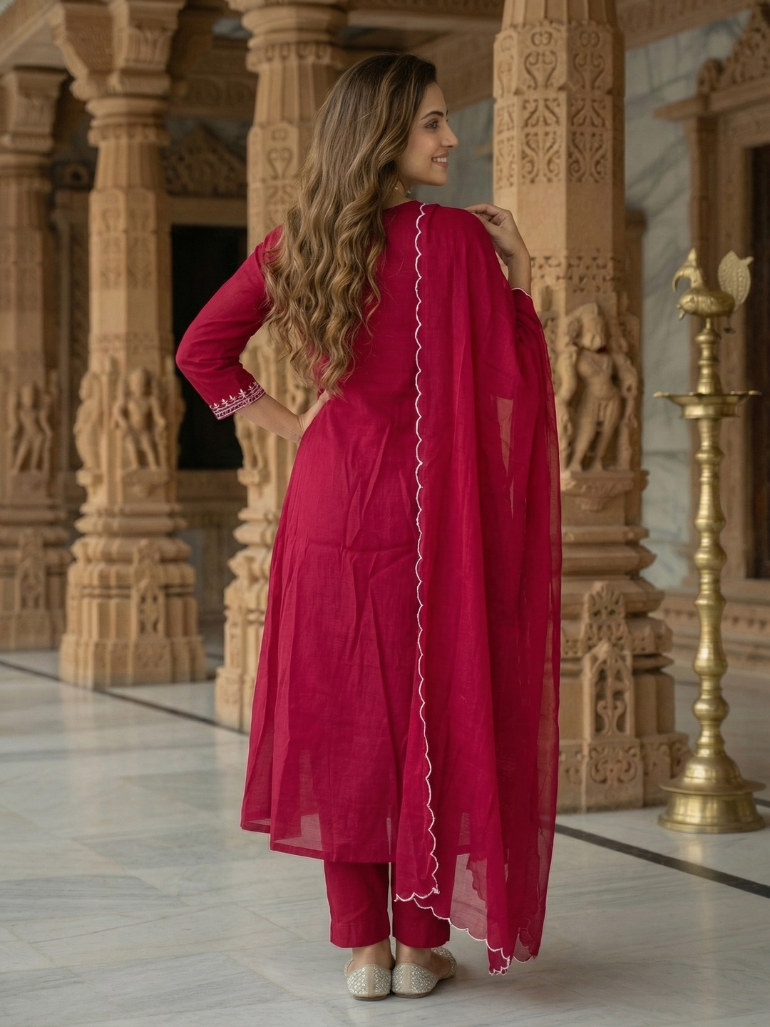 Solid Ethnic Embroidered A-Line Pleated Kurta with Pant & Dupatta - Burgundy