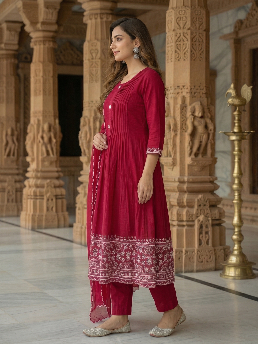 Solid Ethnic Embroidered A-Line Pleated Kurta with Pant & Dupatta - Burgundy