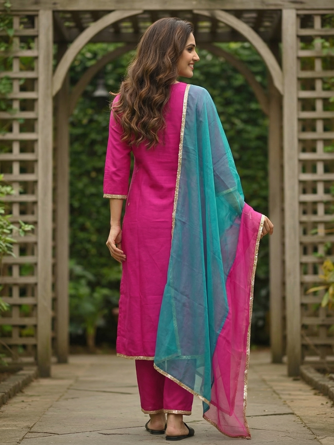 Solid Ethnic Zari Embroidered Straight Kurta with Palazzo & Dupatta - Rani