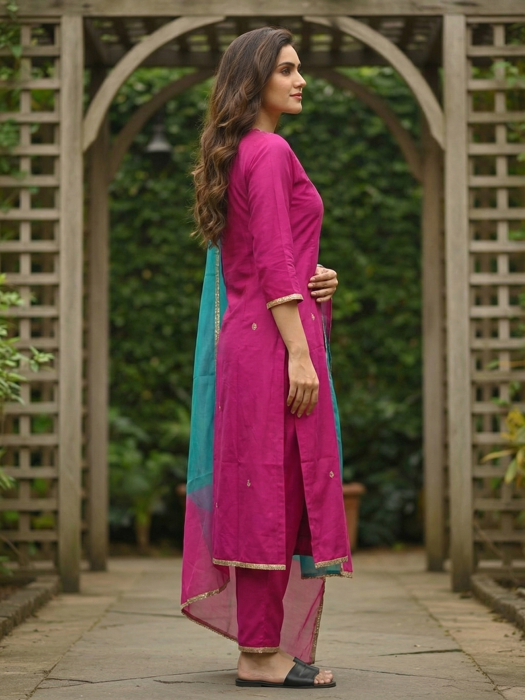 Solid Ethnic Zari Embroidered Straight Kurta with Palazzo & Dupatta - Rani