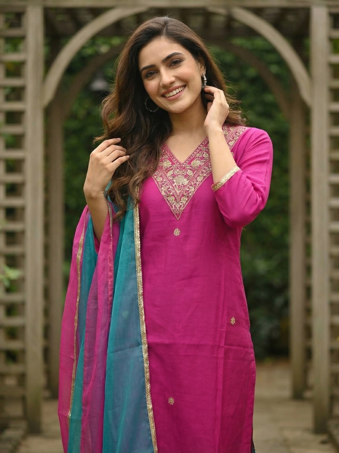 Solid Ethnic Zari Embroidered Straight Kurta with Palazzo & Dupatta - Rani