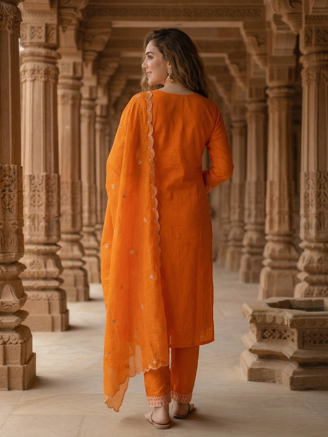 Solid Sequin Embroidered Straight Kurta with Pant & Dupatta - Orange
