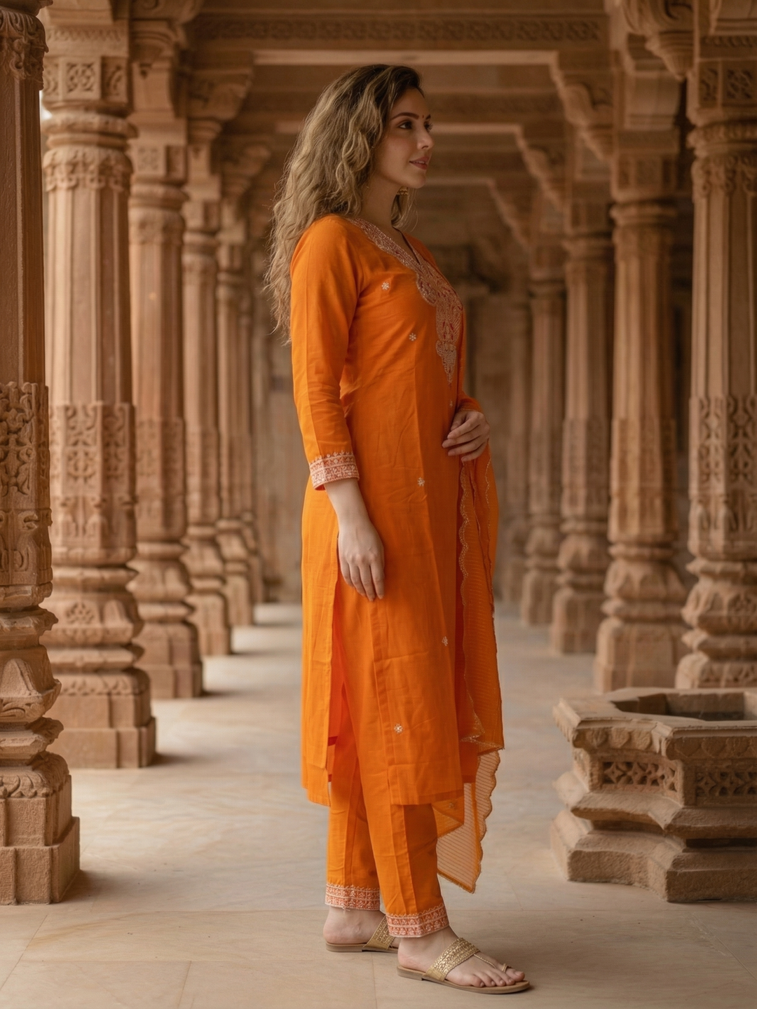 Solid Sequin Embroidered Straight Kurta with Pant & Dupatta - Orange