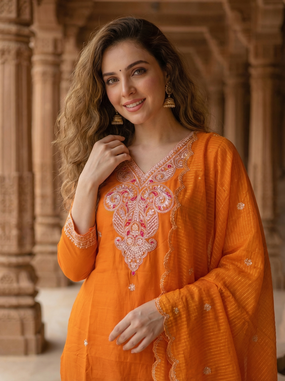 Solid Sequin Embroidered Straight Kurta with Pant & Dupatta - Orange