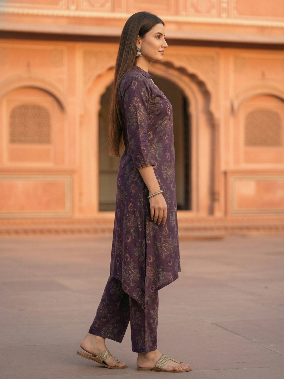 Ethnic Ikat Printed & Embroidered A-Line Kurta with Palazzo - Purple