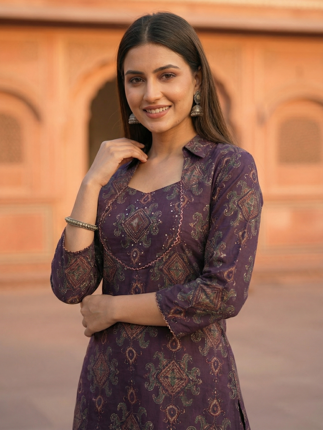 Ethnic Ikat Printed & Embroidered A-Line Kurta with Palazzo - Purple