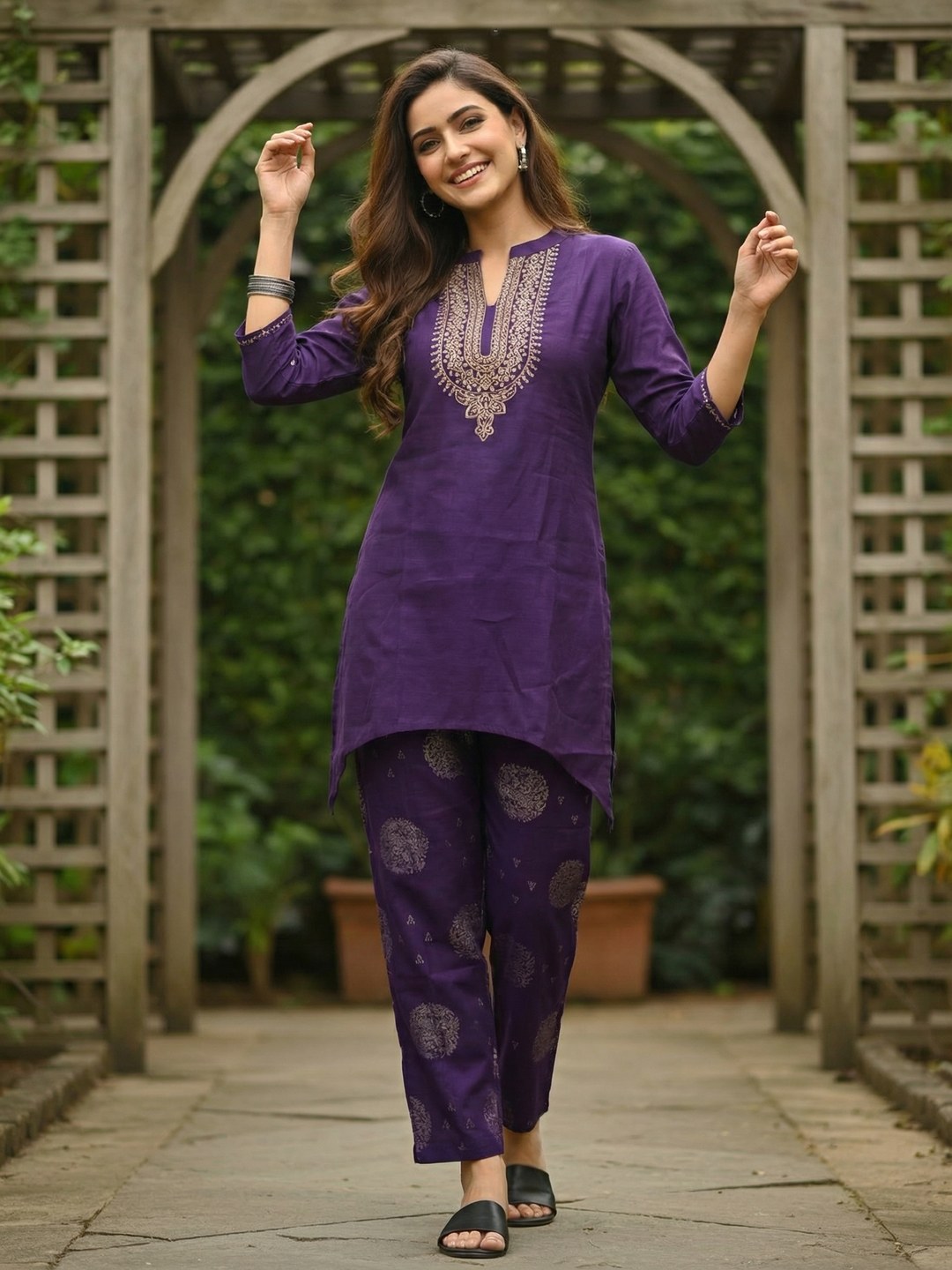 Ethnic Foil Printed Embroidered A-Line Co-ord Set - Purple