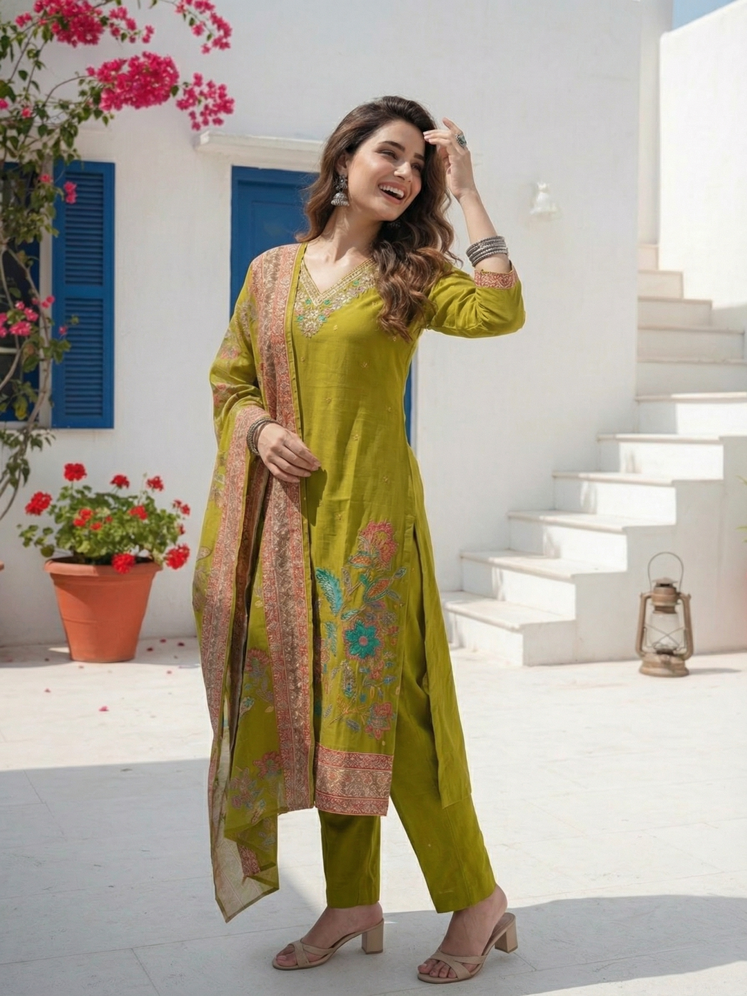 Floral Foil Printed & Embroidered Straight Kurta with Pant & Dupatta - Lime Green