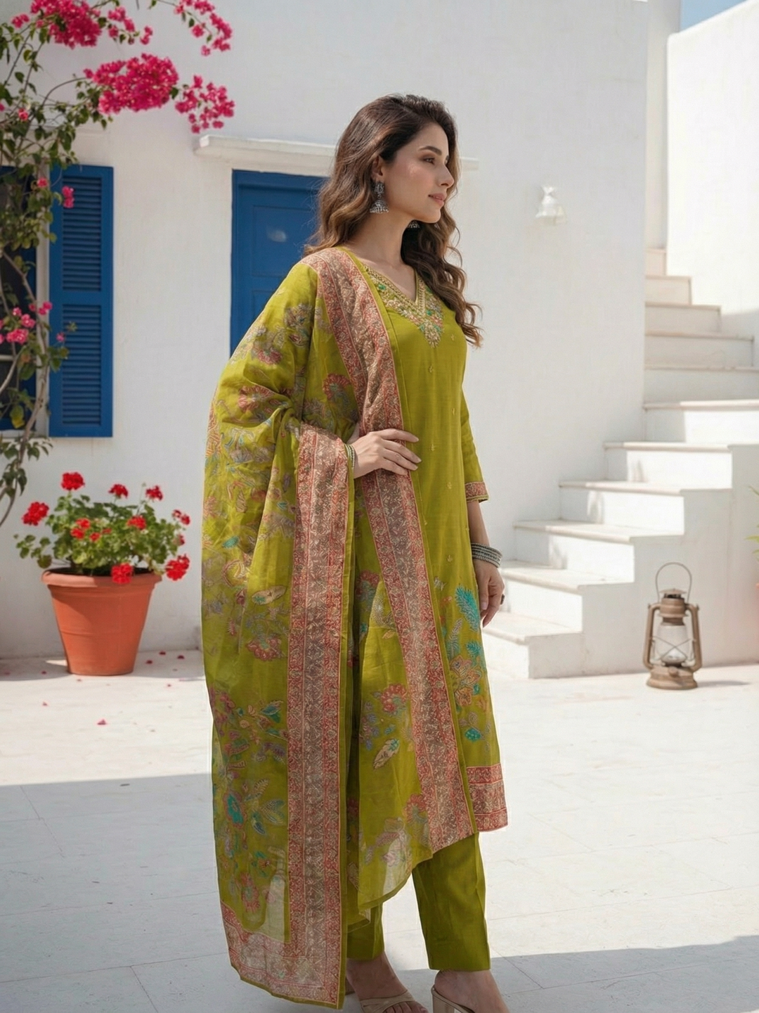 Floral Foil Printed & Embroidered Straight Kurta with Pant & Dupatta - Lime Green