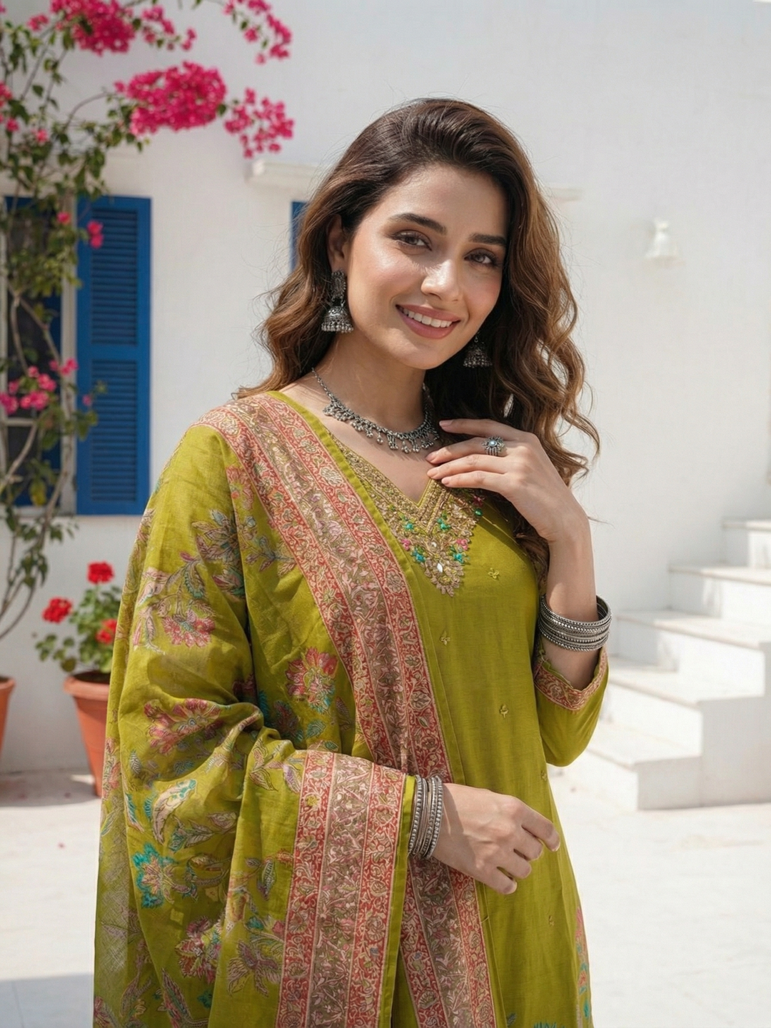 Floral Foil Printed & Embroidered Straight Kurta with Pant & Dupatta - Lime Green