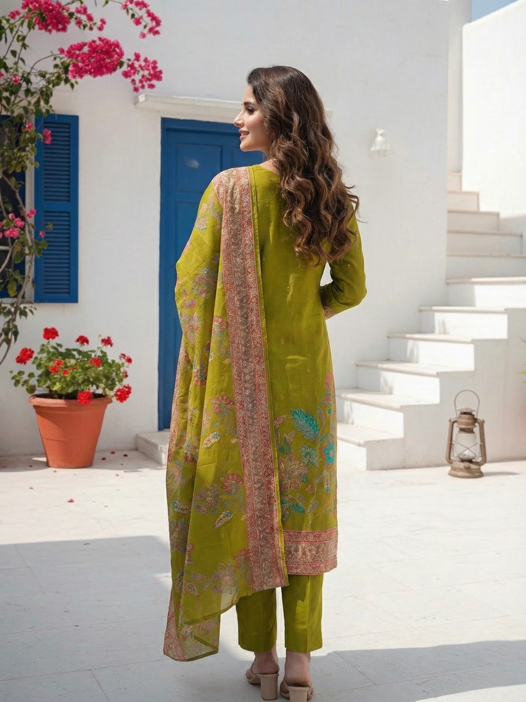 Floral Foil Printed & Embroidered Straight Kurta with Pant & Dupatta - Lime Green