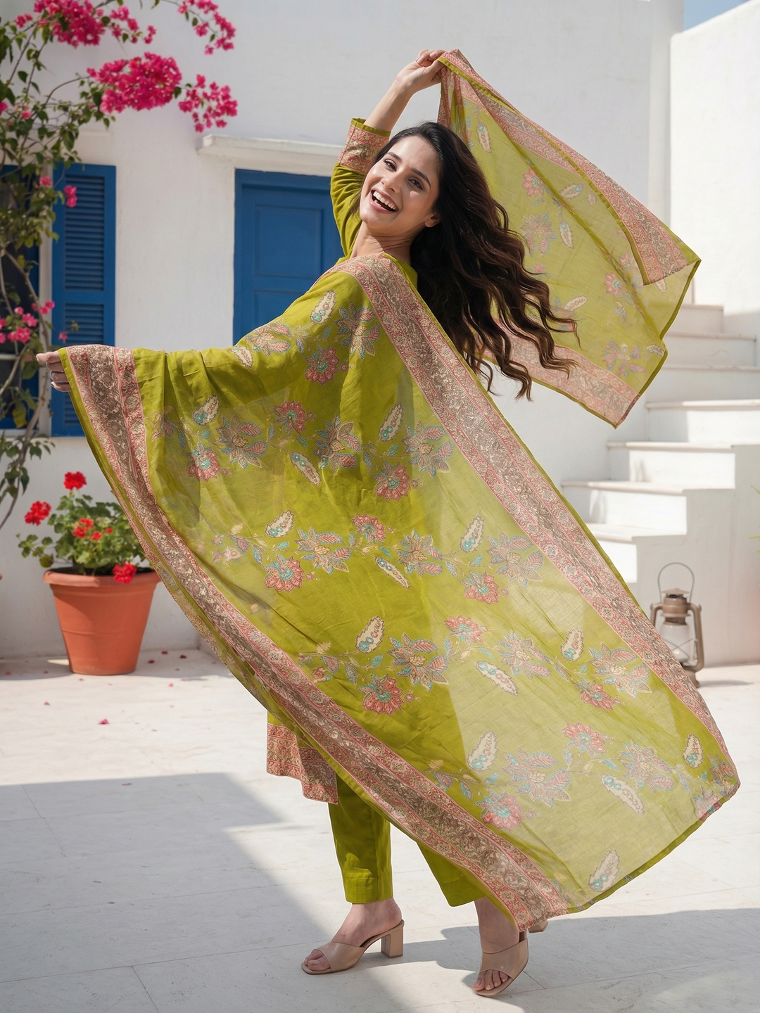 Floral Foil Printed & Embroidered Straight Kurta with Pant & Dupatta - Lime Green